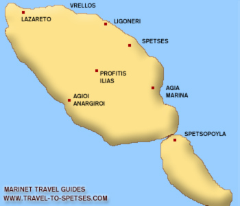 Spetses map - Travel to Spetses -  The Saronic island of Spetses, Greece complete guide with information on SPETSES, TOWN OF SPETSES, KOUNOUPITSA, AGIOI ANARGYRI, BOUBOULINAS' HOUSE, 